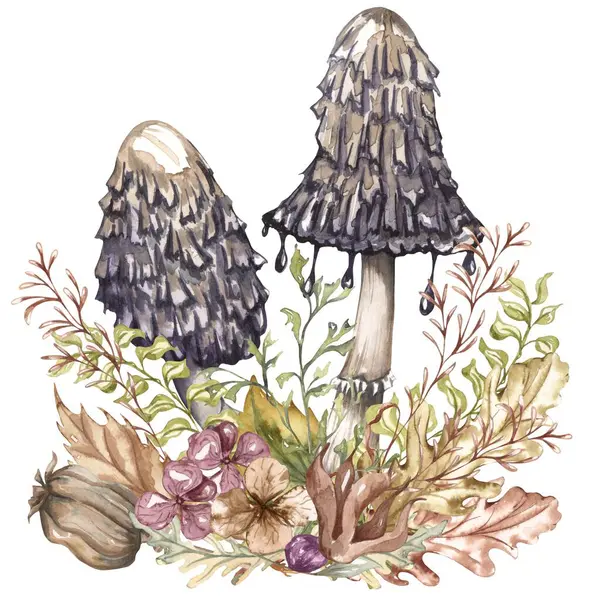 Composição Outono Aquarela Estilo Vintage Cogumelos Selvagens Pintados Mão Com — Fotografia de Stock