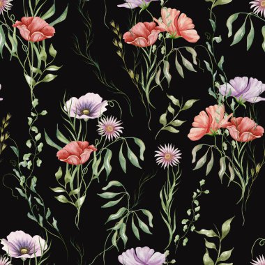 Yaban çiçekleri ve otlarla desenli çiçek deseni. Suluboya çizimi çiçek açan çayır arkaplanı. kırmızı gelincik çiçeği.