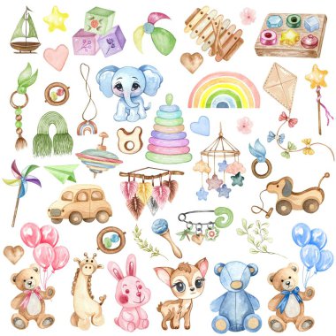 Suluboya Çocuk Oyuncakları Clipart. Tahta Toys Clipart. Bebek partisi. Çocuk odası, çocuk odası dekoru. Çevre dostu malzemeler Çocuk Oyuncakları.