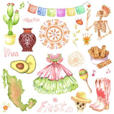 Cinco de Mayo suluboya seti. Meksika tasarım elementleri, chilli biber, avokado, kaktüs, gitar, tekila, kovboy çizmeleri, şeker kafesi, lama, sombrero şapka