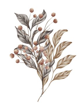 Modaya uygun yapraklar, allık ve pas rengi gül buketi. Kurumuş çiçek. Bej, altın, kahverengi, pas, taupe. Suluboya el çizimi düzenlemeler.