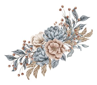 Modaya uygun yapraklar, allık ve pas rengi gül buketi. Kurumuş çiçek. Bej, altın, kahverengi, pas, taupe. Suluboya el çizimi düzenlemeler.