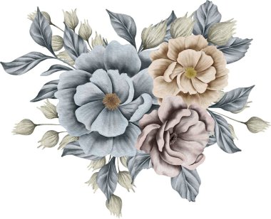 Modaya uygun yapraklar, allık ve pas rengi gül buketi. Kurumuş çiçek. Bej, altın, kahverengi, pas, taupe. Suluboya el çizimi düzenlemeler