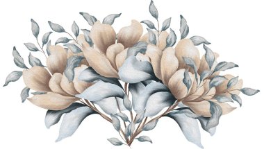 Modaya uygun yapraklar, allık ve pas rengi gül buketi. Kurumuş çiçek. Bej, altın, kahverengi, pas, taupe. Suluboya el çizimi düzenlemeler