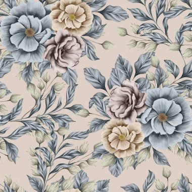Kurumuş yaprakları, mavi ve bej çiçekleri, yaprak dalları olan suluboya dikişsiz desen. Düğün davetiyeleri, arka planlar, duvar kağıtları, moda, baskılar, kumaş.