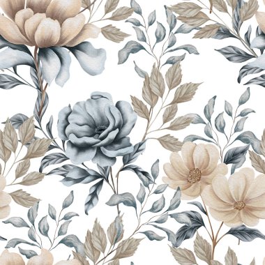 Kurumuş yaprakları, mavi ve bej çiçekleri, yaprak dalları olan suluboya dikişsiz desen. Düğün davetiyeleri, arka planlar, duvar kağıtları, moda, baskılar, kumaş.