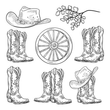 Vektör batı seti. El yapımı rodeo temalı tasarım. Kırsal kovboy çizmeleri çizimi. Çiftlik evi kırsal kesim. Vahşi Batı