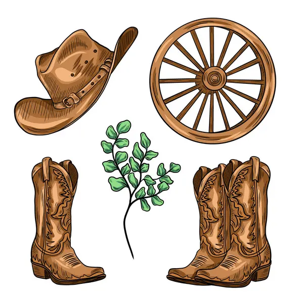 Vektör batı seti. El yapımı rodeo temalı tasarım. Kırsal kovboy çizmeleri çizimi. Çiftlik evi kırsal kesim. Vahşi Batı