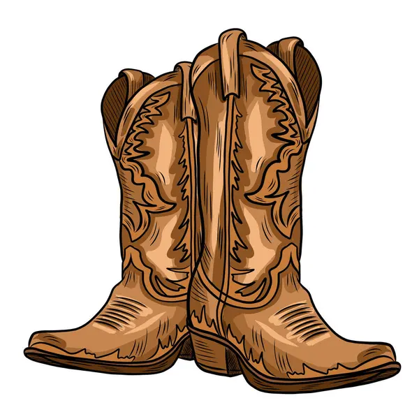 Vektör kovboy çizmeleri. El yapımı rodeo temalı tasarım. Kırsal batı illüstrasyonu. Çiftlik evi kırsal kesim. Vahşi Batı