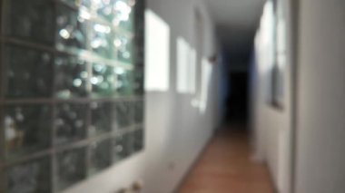 Terk edilmiş bir binanın içindeki loş bir koridor ürkütücü bir atmosfer yaratıyor. Buzlu cam bloklarla kaplı duvarlar doğal ışık şeritlerinin geçmesine izin veriyor ve ilginç gölgeler oluşturuyor.