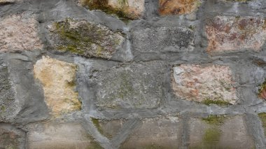 Sağlam taş duvar, taşlar arasında doğal varyasyonları gösteren bir dizi renk ve dokuya sahip. Gri, bej ve toprak renkleri birbirine karışırken, yosun parçaları yüzeye yapışıp yeşillik katıyor. Bu duvar kapağı