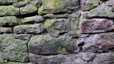 Antik bir taş duvarın yakın plan görüntüsü, taşların çeşitli boyutlarını ve şekillerini titizlikle düzenleyen zengin bir dokuyu gözler önüne seriyor. Taşlar, yemyeşil yosun ve sarımsı yosunlarla süslenmiş soluk gri ve kahverengilerden oluşan bir palet sergiliyor.