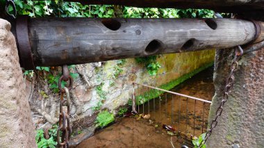 Etrafı yeşilliklerle çevrili sakin bir derenin üzerinde birden fazla deliği olan kırsal ahşap bir kapı yapısı bulunuyor. Sakin sular yakınlardaki canlı yaprakları yansıtıyor..