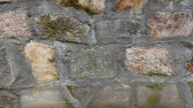 Sağlam taş duvar, taşlar arasında doğal varyasyonları gösteren bir dizi renk ve dokuya sahip. Gri, bej ve toprak renkleri birbirine karışırken, yosun parçaları yüzeye yapışıp yeşillik katıyor. Bu duvar kapağı