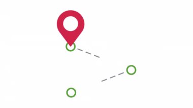 Kırmızı Pin Konum Rotası: Yeşil pin hedefine giden çizgili bir hat rotası olan kırmızı pim konumu işaretleyicisinin minimalist bir çizimi, navigasyon, seyahat ve konum hizmetlerini temsil eder.