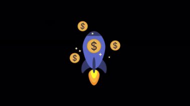 Canlı bir çizgi film roket gemisi havalanıyor, dolar işaretleriyle süslenmiş ve altın paralarla çevrili, finansal büyümeyi, yatırım başarısını ve hızlı iş büyümesini simgeliyor. Yüksek kalite 4k.