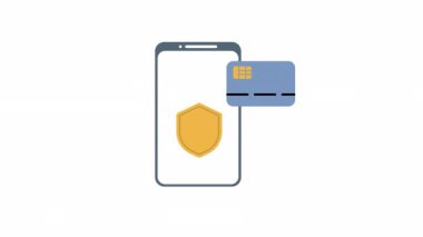 Güvenli Mobil Ödeme: Güvenli ve Kolay İşlemler. Bu hareket ikonu güvenlik kalkanı, kredi kartı, dolar parası ve sohbet baloncuğu olan bir akıllı telefonu gösteriyor. Yüksek kalite 4k görüntü