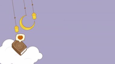 Hilal ay ve fenerlerle dolu bir bulutta yüzen Kur 'an kitabı, Ramazan kutlamaları. Yüksek kalite 4k görüntü