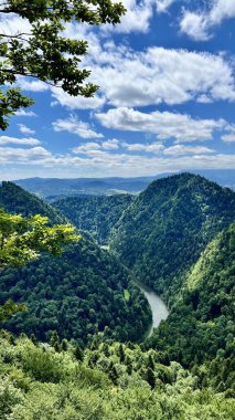 Vertical photo of mountains and the Dunajec River seen from the trail between Mount Sokolica and Mount Trzy Korony in Pieniny National Park, Poland. Perfect for hiking, travel, and nature themes. clipart