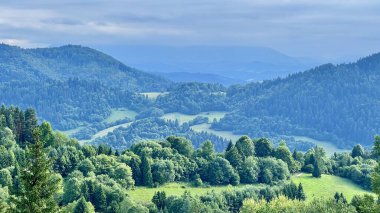 Palenica Dağı 'ndan Slovakya' daki dağlara uzanan manzaranın yatay fotoğrafı. Yürüyüş, açık hava aktiviteleri ve Polonya 'daki Pieniny Ulusal Parkı' nda seyahat temaları için mükemmel..