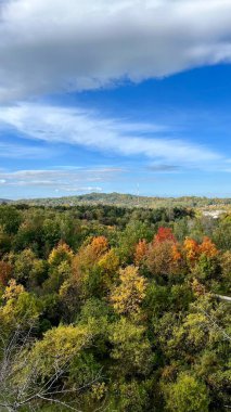 Vertical photo from the observation deck in Zakrzowek Park, Krakow, Poland, with views of Twardowskiego cliffs and the autumn forest. Ideal for travel, nature, and scenic landscape themes. clipart