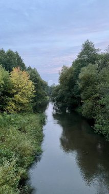 Alacakaranlıkta ağaçlarla çevrili bir nehrin dikey fotoğrafı. Sakin su sönen ışığı yansıtır. Doğa, manzara, alacakaranlık ve sakin manzara temaları için ideal.