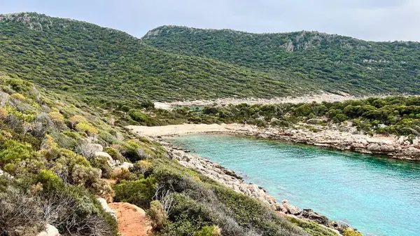 Türkiye 'nin Choban Sahili' nde turkuaz suyu, kayalık kıyıları ve yeşil tepeleri olan tenha bir koy. Akdeniz doğası, Lycian Yolu, berrak deniz, bulutlu gökyüzü, seyahat, yürüyüş, huzurlu kıyı manzarası. 