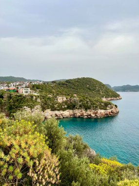 Devedikeni bitkileriyle kıyı manzarasının dikey fotoğrafı, sakin mavi deniz, bulutlu gökyüzünün altındaki yeşil adalar. Manzara, doğa, seyahat, yaz, Adriyatik kıyıları, dokunulmamış çevre, Türkiye. 