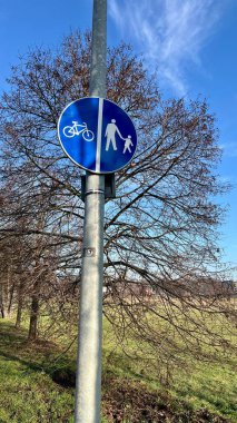 Arka planda arazi, ağaçlar ve gökyüzü olan ayrık yaya ve bisiklet yollarını gösteren mavi trafik işaretinin dikey fotoğrafı. Açık hava güvenliği, bisiklet yolu, yürüyüş yolu, kırsal altyapı.