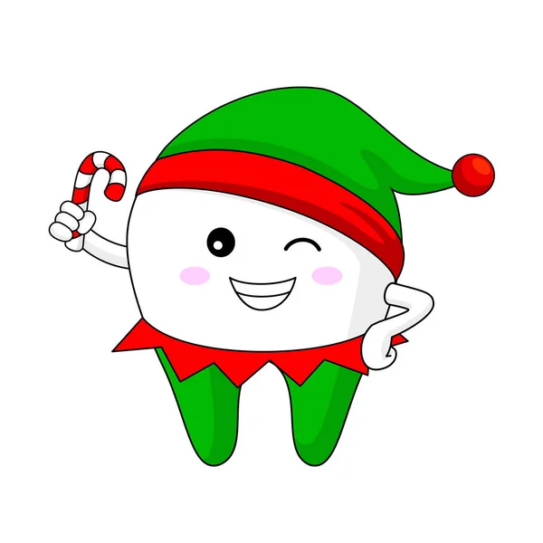 Niedlicher Weihnachtszahn Elfenkostüm Mit Hut Vektorillustration Grafische Gestaltung Der Zahnmedizin — Stockvektor