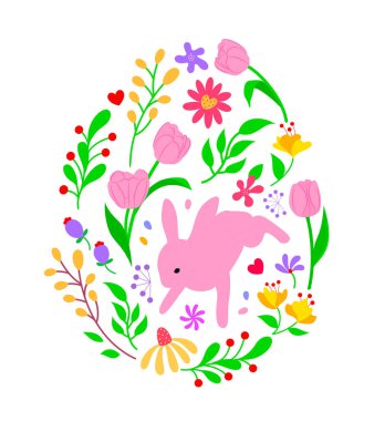 Easter floral and rabbits in oval shape. Suitable for social media posta, mobile apps, card, invitation, banner and web design. Vector illustration.