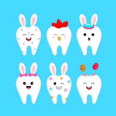 Cute cartoon tooth characters with rabbit ears decoration, hen tooth and Easter egg. Happy Easter concept. Vector illustration.