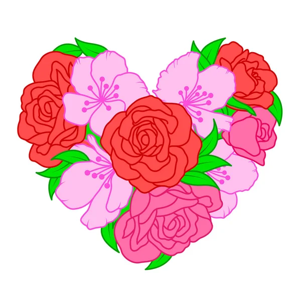 Fiori Forma Cuore Rose Fiori Ciliegio Design Illustrazione Vettoriale — Vettoriale Stock