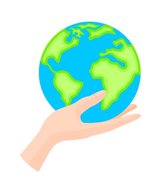 İnsan eliyle tutulan dünya gezegenle ilgilenir. Dünya çevresi günü. Dünya günü konsepti. Vektör illüstrasyonu.