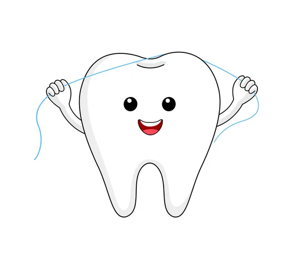 Cute Cartoon Tooth Character Using Dental Floss Dental Care Concept — Stock Vector
