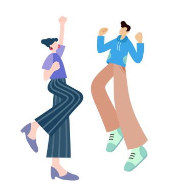 Başarılı insanlar zafer jestleri yaparak ellerini kaldırır. İş hayatında başarılı insanlar gelişigüzel bir şekilde başarılarını kutlarlar. Karakter tasarımı illüstrasyonu.