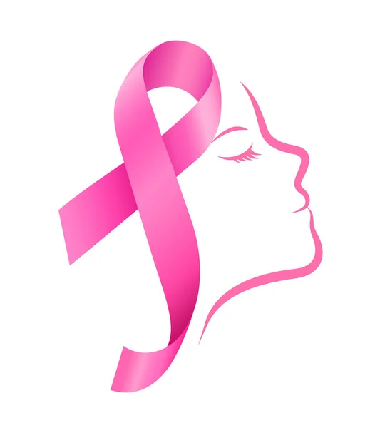 Różowa Wstążka Ikonie Kobiecej Twarzy Miesiąc Świadomości Raka Piersi Projekt — Wektor stockowy
