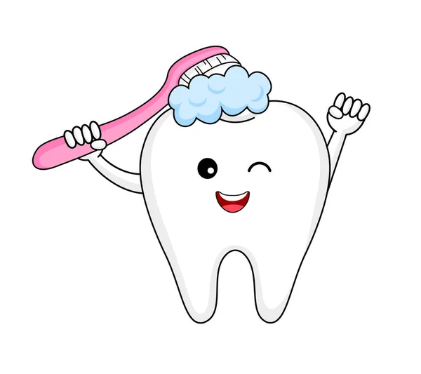 Nette Cartoon Zahnfigur Mit Zahnbürste Zahnpflegekonzept Vektorillustration — Stockvektor
