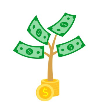 Bitkinin üzerinde dolar büyüyor. Gelir ağacı ve para vektörü yetiştir. İş büyümesi kavramı, illüstrasyon.
