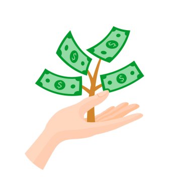 Bitkinin üzerinde dolar büyüyor. Gelir ağacı ve para vektörü yetiştir. İş büyümesi kavramı, illüstrasyon.