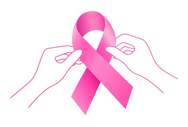 Händerna Håller Rosa Band Symbol För Bröstcancer Medvetenhet Månad Vektorillustration — Stock vektor