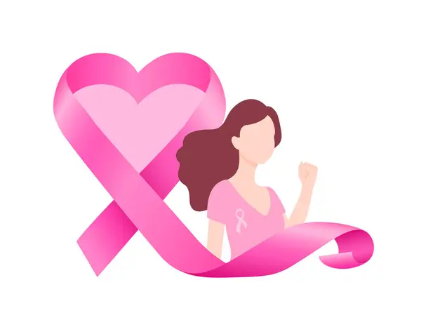 Розовая Лента Символа Дизайн Форме Сердца Женщиной Месяц Осведомленности Раке — стоковый вектор