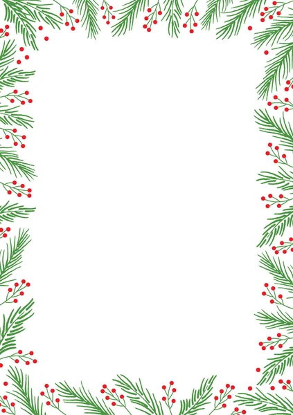 Noel ağacı dalları çerçevesi. Noel tebrik kartı ve davetiyesi için Xmas sınırı. Kış bitkileri vektör illüstrasyonu.