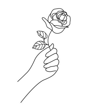 El ele tutuşan gül çizgileri. Kadın eli bir gül tutuyor, resim..