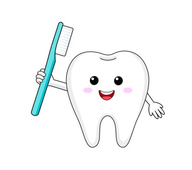 Diş fırçası olan sevimli bir çizgi film karakteri. Diş bakımı konsepti. Vektör illüstrasyonu.