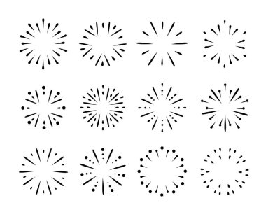 Yuvarlak güneş patlaması, çizgisel çerçeve. Havai fişek ikonu seti. Vektör illüstrasyonu