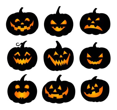 Cadılar Bayramı balkabağı ikonu seti. Ürkütücü Jack o fener yüzleri, korkunç ifadeler, Cadılar Bayramı balkabağı siluetleri.