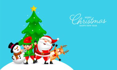 Noel tebrik pankartı tasarımı. Çam, Noel Baba, elf, kardan adam ve ren geyiği karakterli mutlu Noeller..