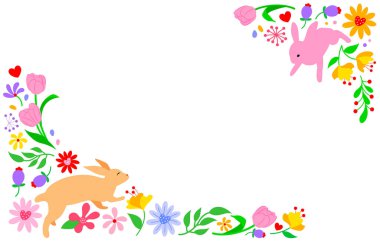 Paskalya temalı çerçeveler, çiçeklerle süslenmiş ve neşeli tavşanlar. Soldaki kahverengi tavşan zıplarken, sağdaki pembe tavşan ise çiçekler ve yapraklarla çevrili. Merkezdeki açık alan. Vektör illüstrasyonu.