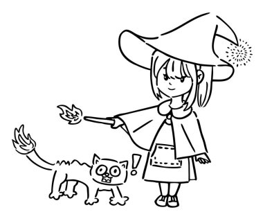 Korkak kedi çizgisi sanatı olan bir cadı. Cadılar Bayramı el çizimi illüstrasyon.